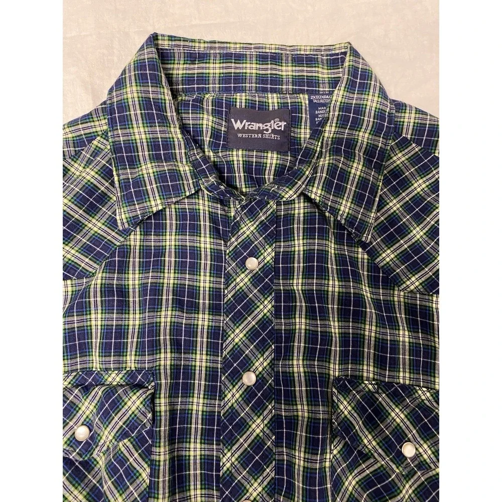 Wrangler Pearl Snap Western Shirt Mens 2XT Tall Blue Green Plaid Cowboy Big&Tall